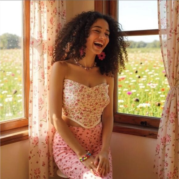 Corset Top – by Salty – Pink/White Floral – Ruched Sweetheart Spring Summer L - Picture 1 of 5